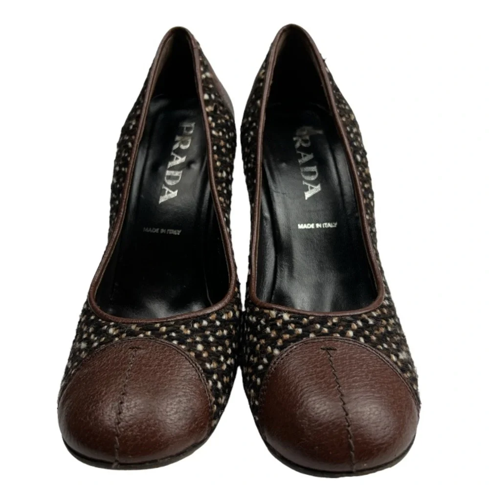 Prada Tweed Woven Marrone Vintage MaryJane Pump Heels Sz: 7.5 (37 1/2) - Picture 2 of 11
